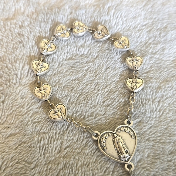 #549 Vintage Silver Tone Heart Rosary Bracelet - Picture 2 of 4